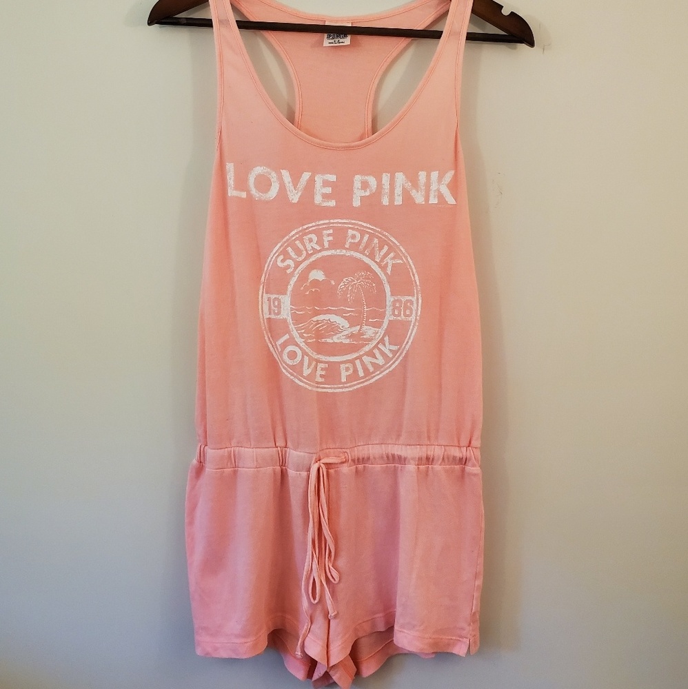 💖PINK Victoria Secret Coral Pink Graphic Tank Romper Swim Coverup